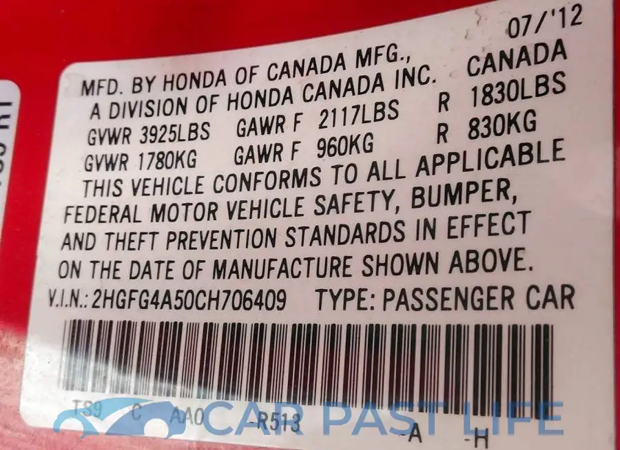 2HGFG4A50CH706409# 9
