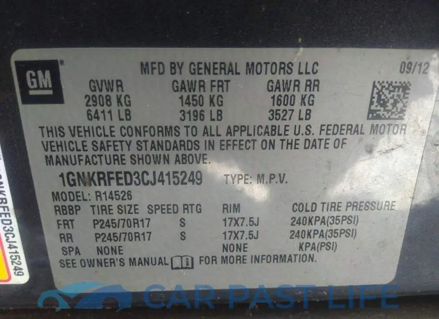 1GNKRFED3CJ415249# 9
