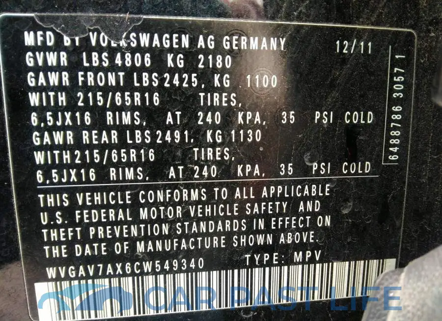 WVGAV7AX6CW549340# 9