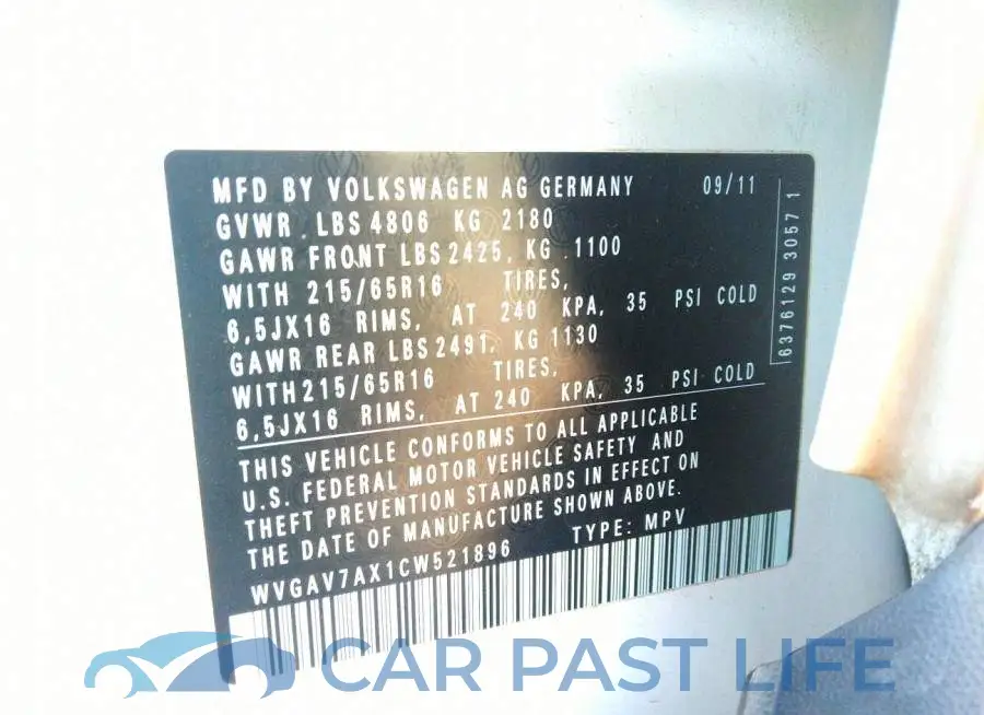 WVGAV7AX1CW521896# 9