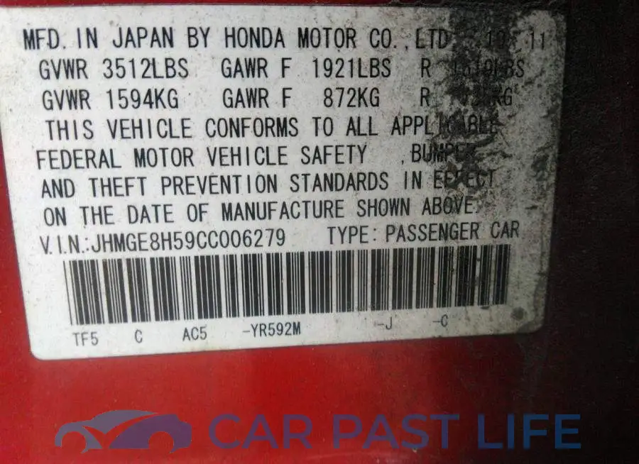 JHMGE8H59CC006279# 9