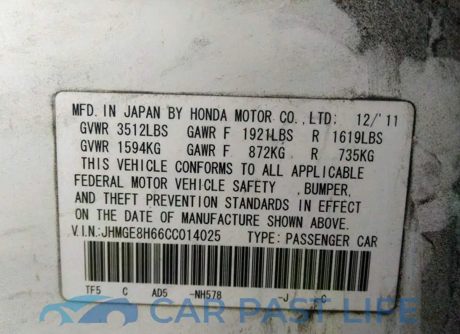 JHMGE8H66CC014025# 9