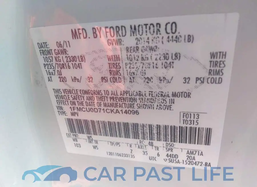 1FMCU0D71CKA14096# 9