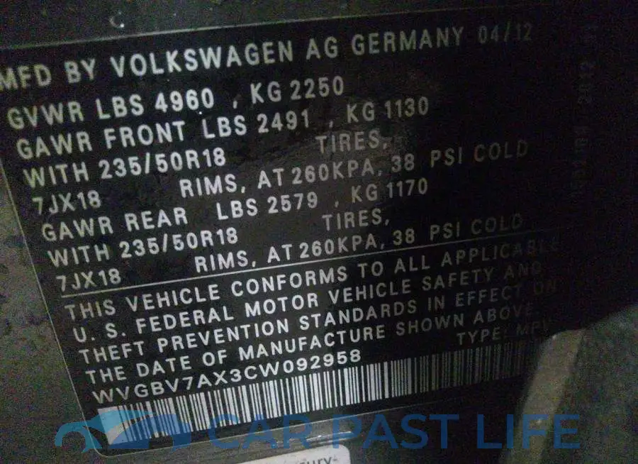WVGBV7AX3CW092958# 9