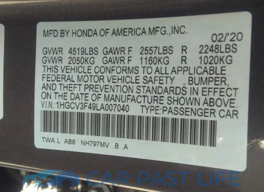 1HGCV3F49LA007040# 9