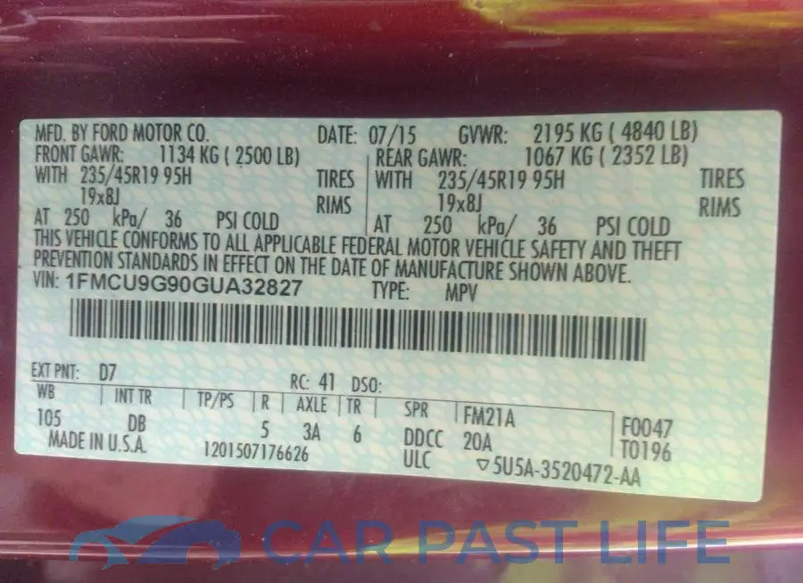 1FMCU9G90GUA32827# 9