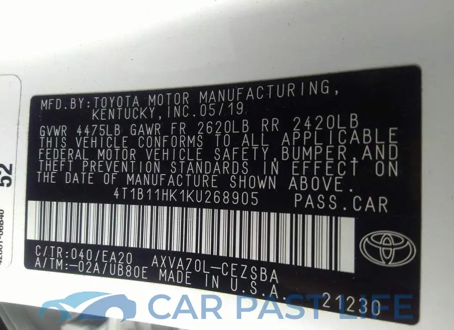 4T1B11HK1KU268905# 9