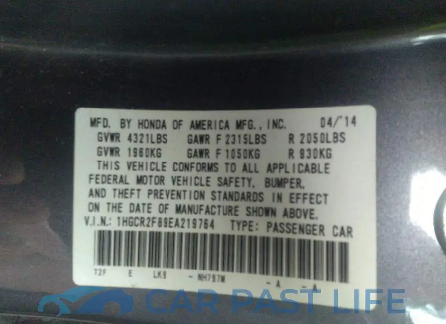 1HGCR2F89EA219764# 9