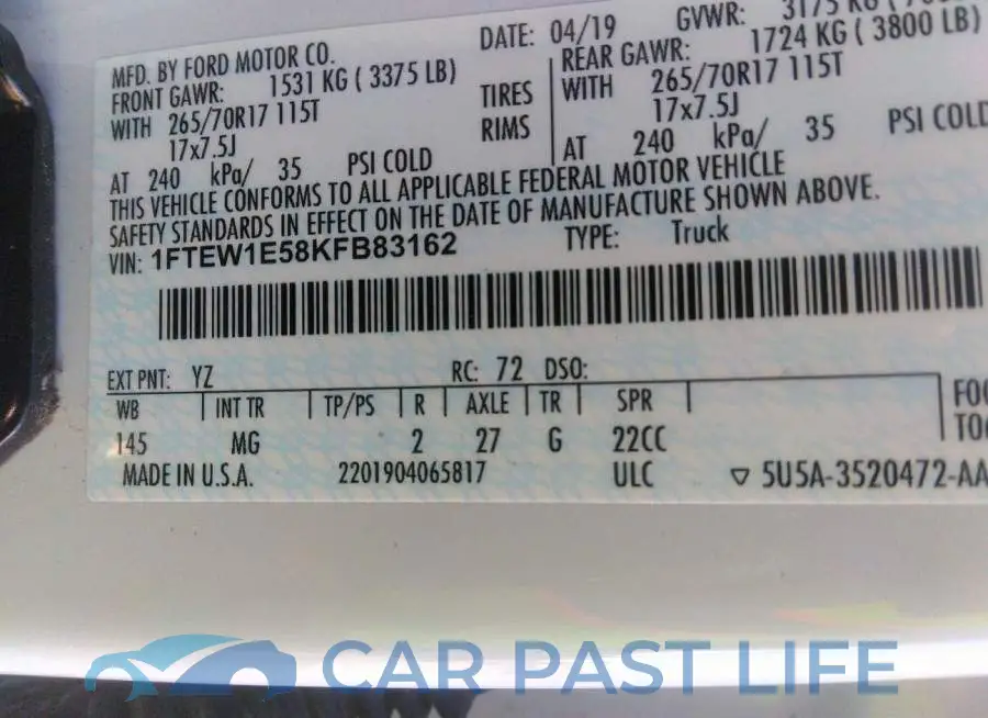 1FTEW1E58KFB83162# 9