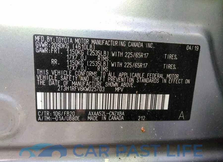 2T3H1RFV6KW025703# 9