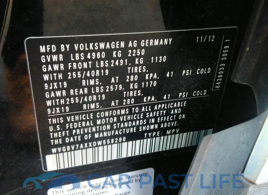 WVGBV7AXXDW558290# 9