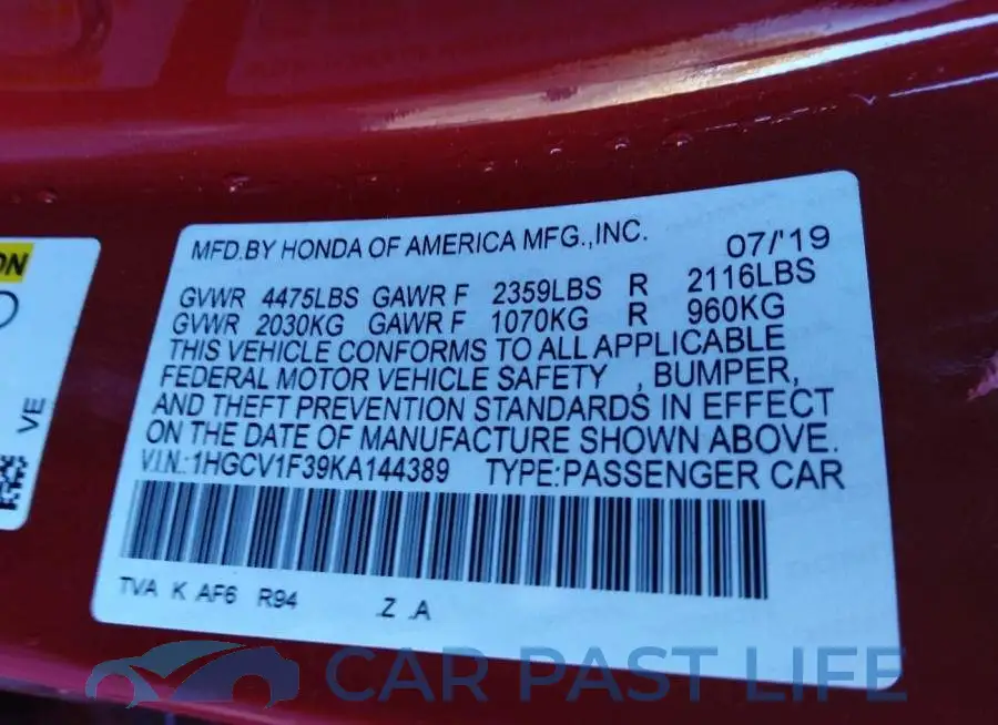 1HGCV1F39KA144389# 9
