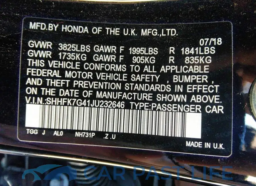 SHHFK7G41JU232646# 9