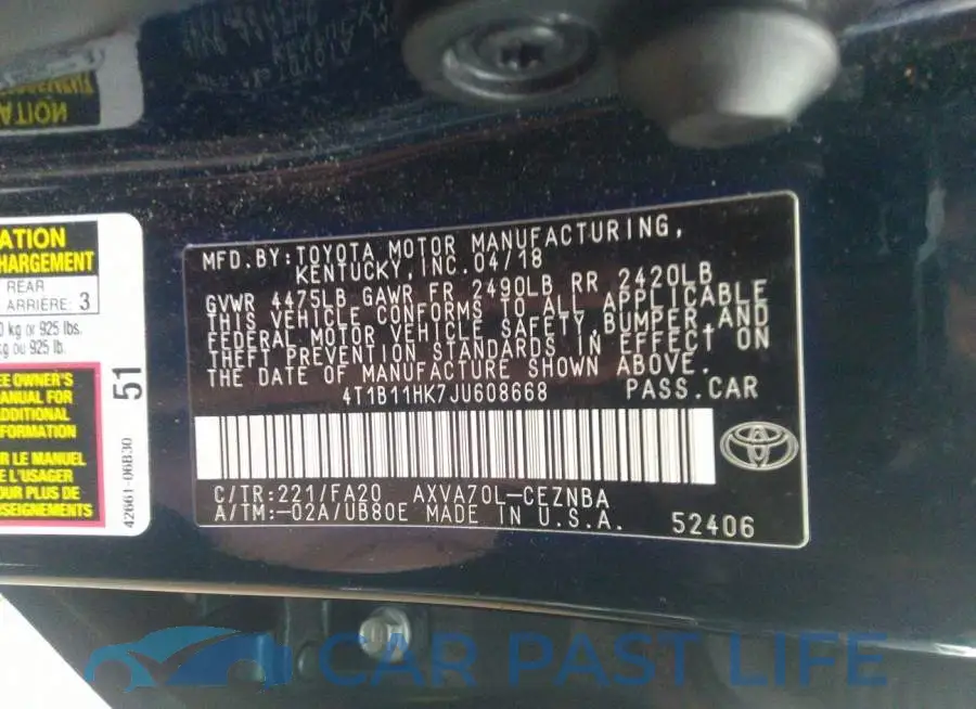 4T1B11HK7JU608668# 9