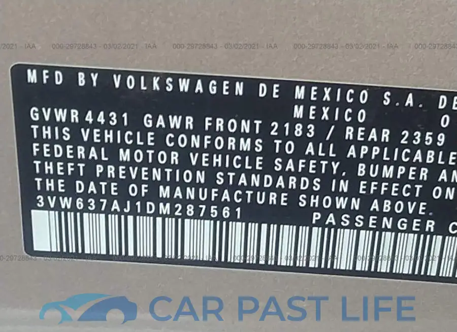 3VW637AJ1DM287561# 9