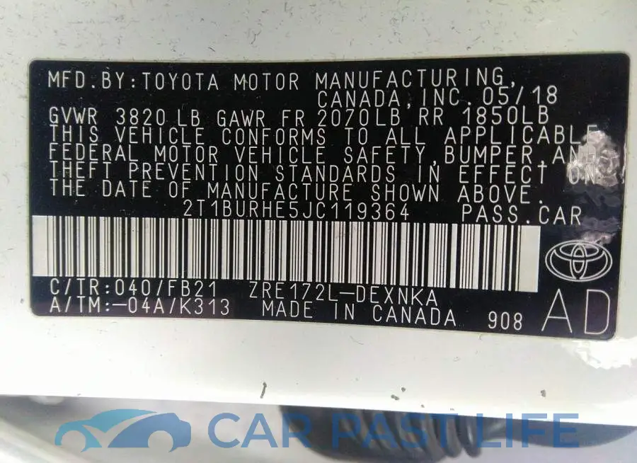2T1BURHE5JC119364# 9
