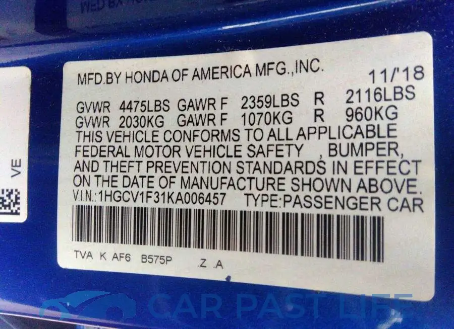 1HGCV1F31KA006457# 9
