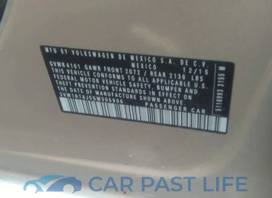 3VW167AJ5GM305906# 9