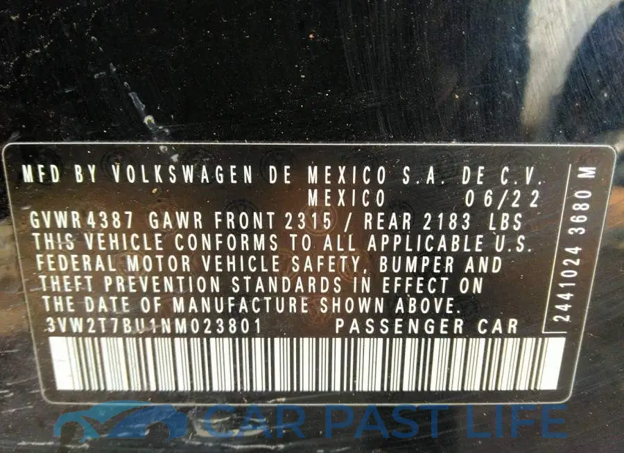 3VW2T7BU1NM023801# 9