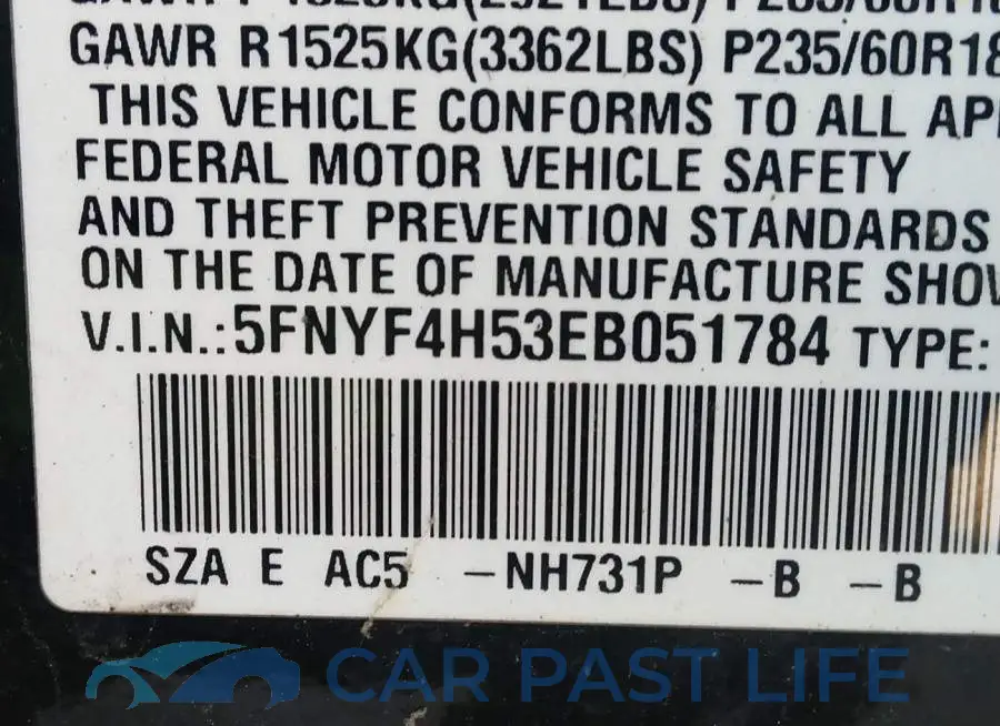 5FNYF4H53EB051784# 9