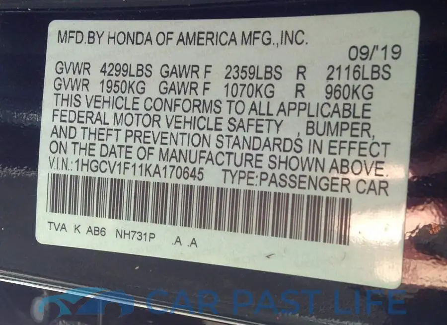 1HGCV1F11KA170645# 9