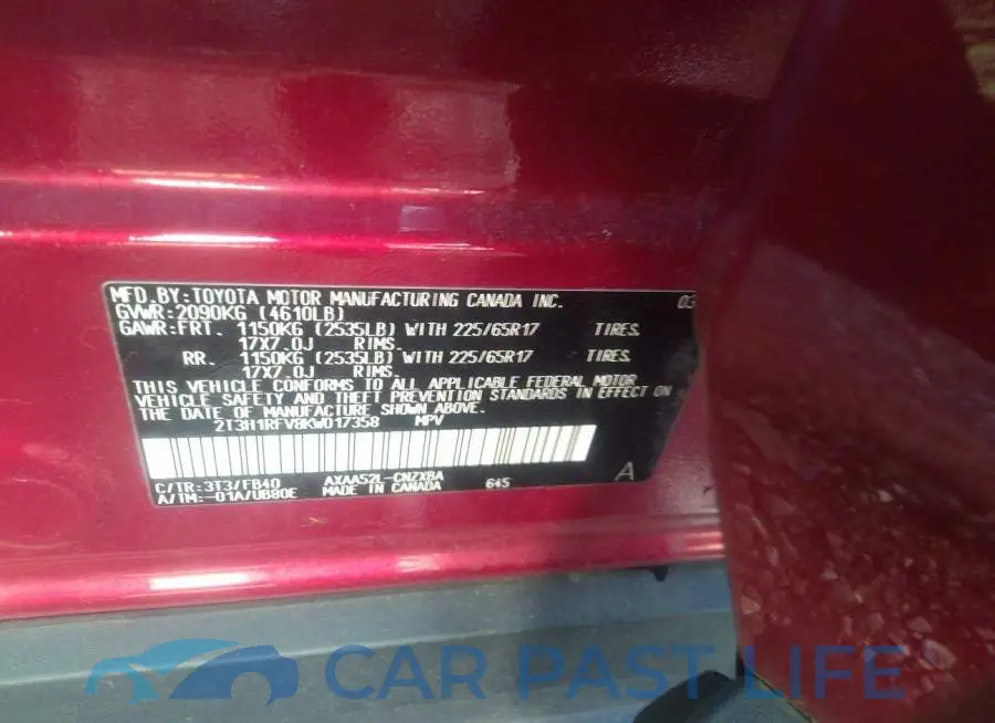 2T3H1RFV8KW017358# 9
