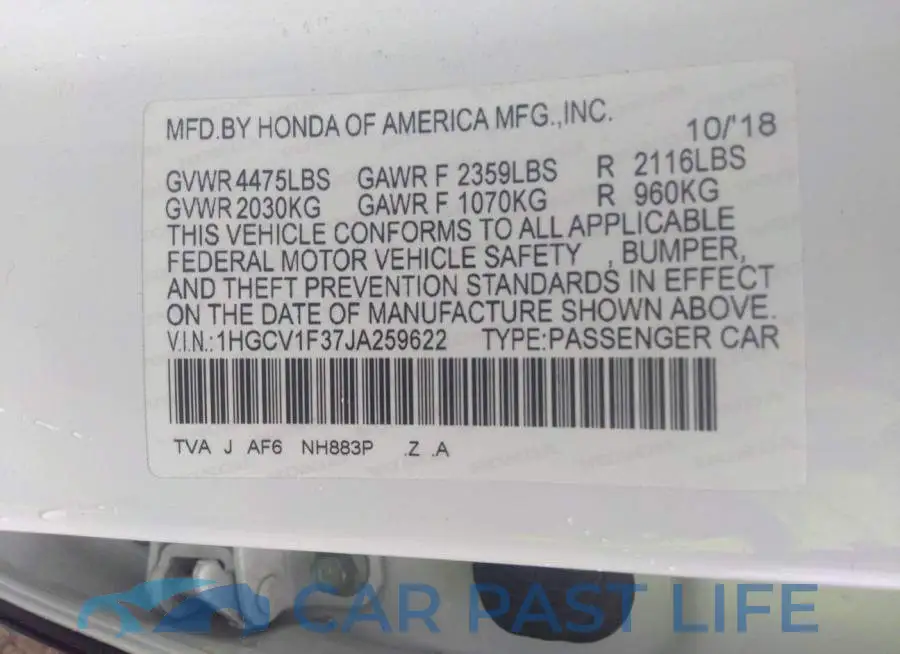 1HGCV1F37JA259622# 9