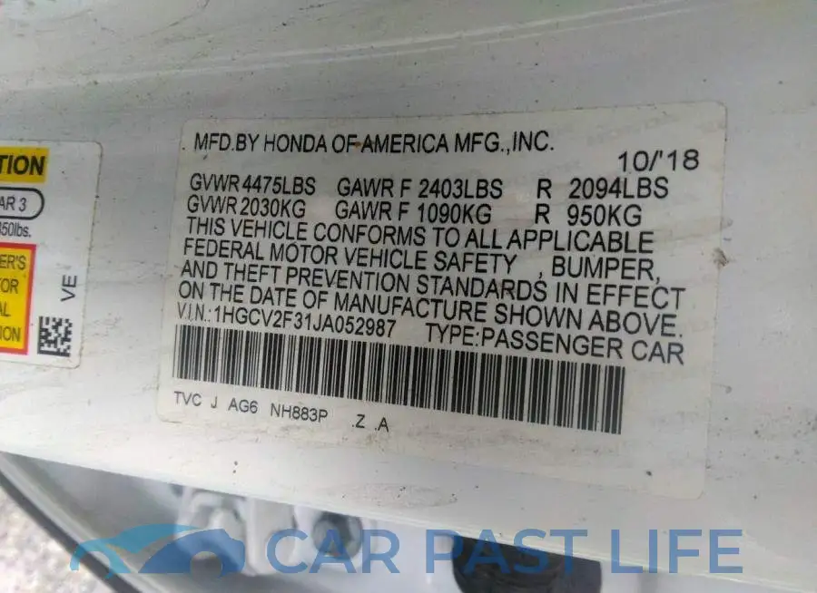 1HGCV2F31JA052987# 9