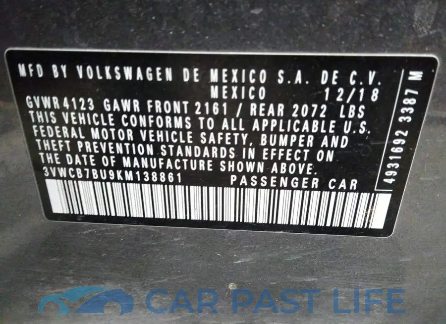 3VWCB7BU9KM138861# 9