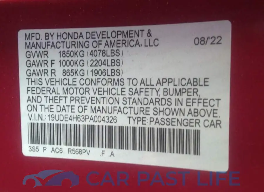 19UDE4H63PA004326# 9