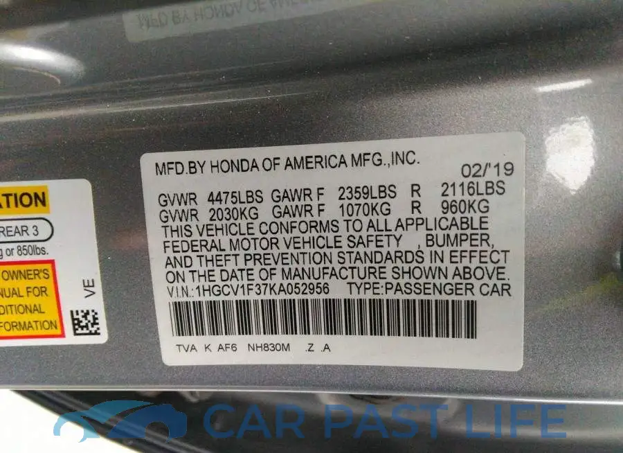 1HGCV1F37KA052956# 9