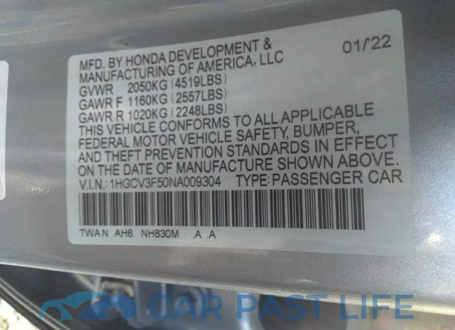 1HGCV3F50NA009304# 9