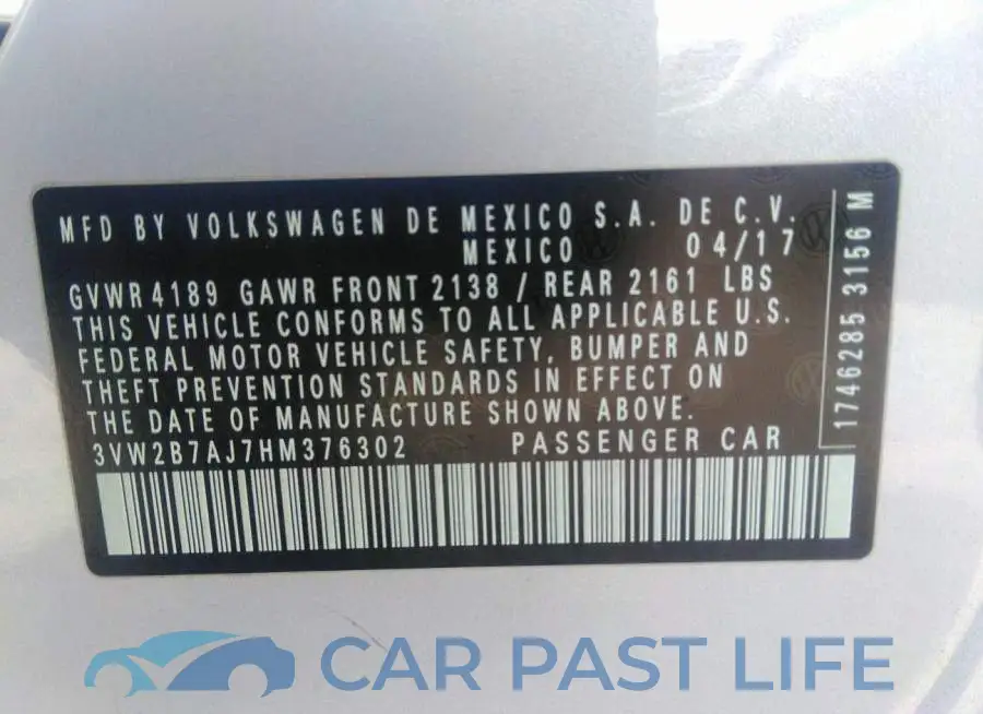 3VW2B7AJ7HM376302# 9
