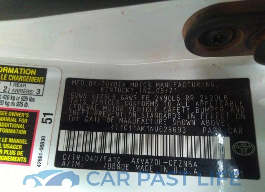 4T1C11AK1NU628693# 9