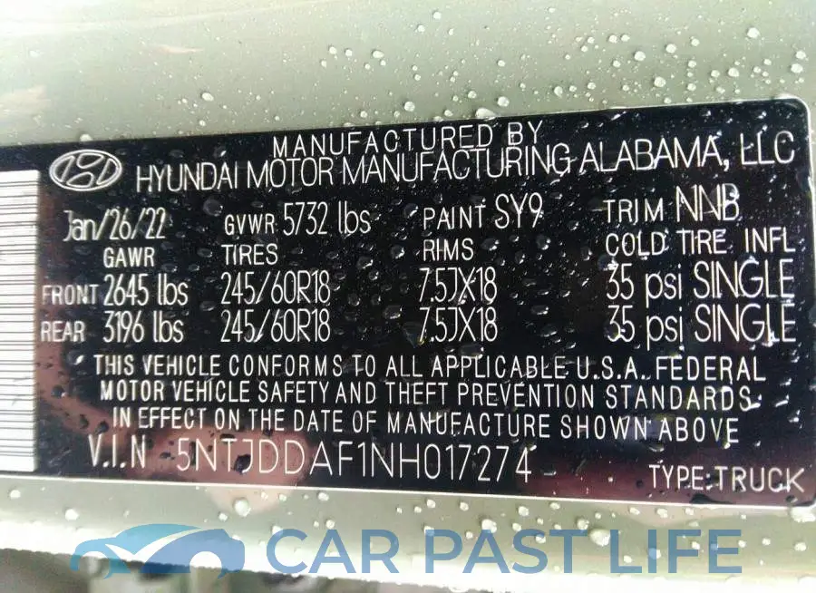 5NTJDDAF1NH017274# 9