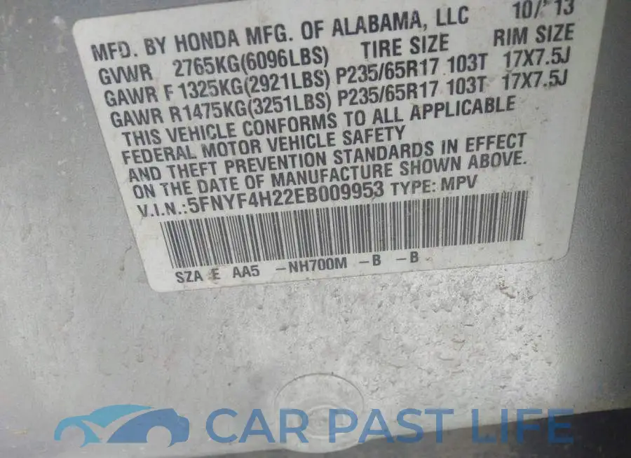 5FNYF4H22EB009953# 9
