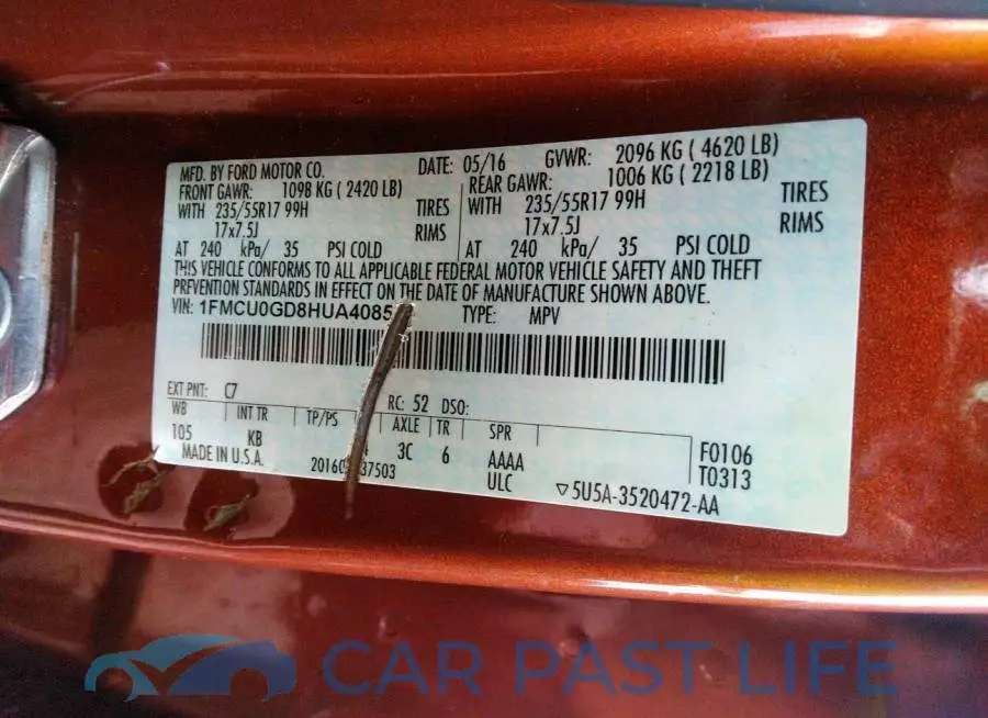 1FMCU0GD8HUA40854# 9