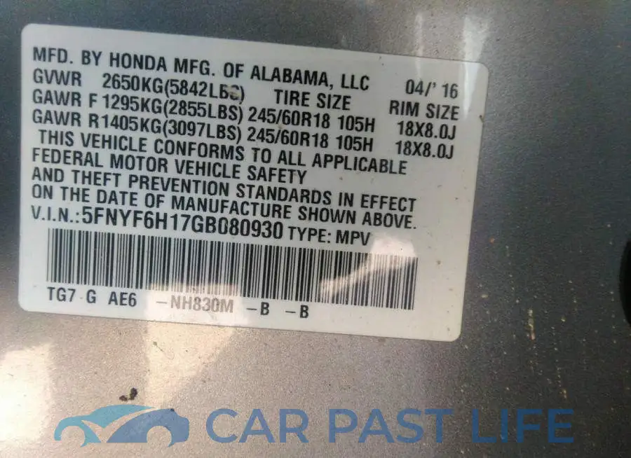 5FNYF6H17GB080930# 9