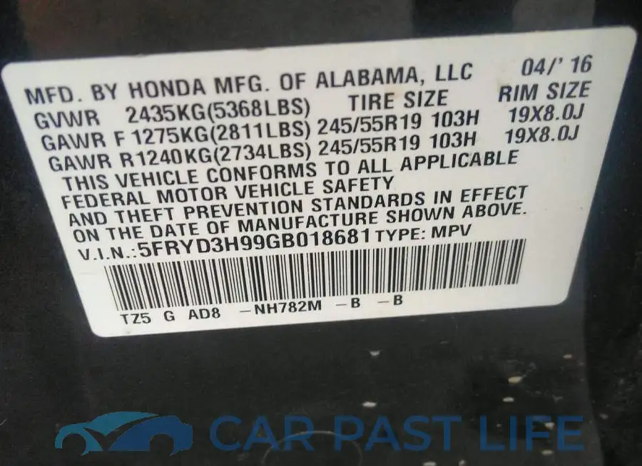 5FRYD3H99GB018681# 9