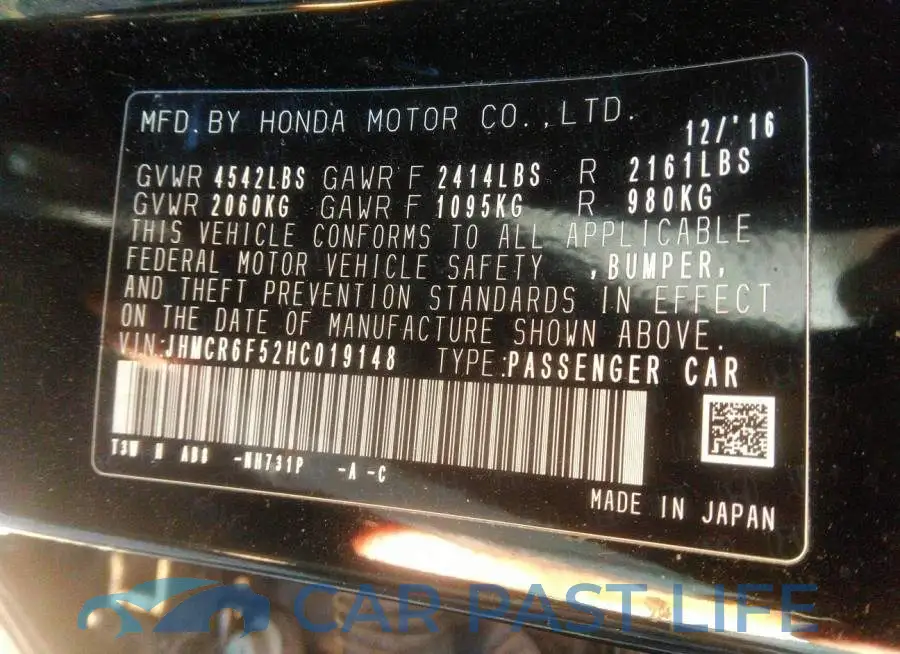 JHMCR6F52HC019148# 9