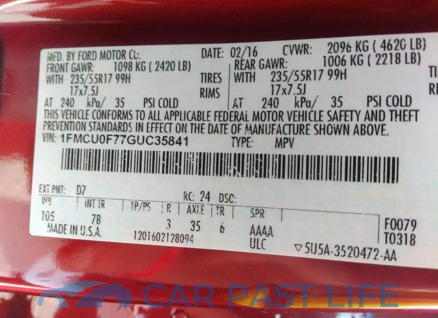 1FMCU0F77GUC35841# 9