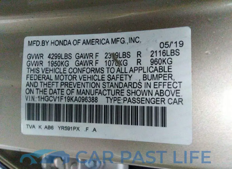 1HGCV1F19KA096388# 9