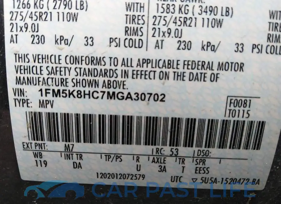 1FM5K8HC7MGA30702# 9