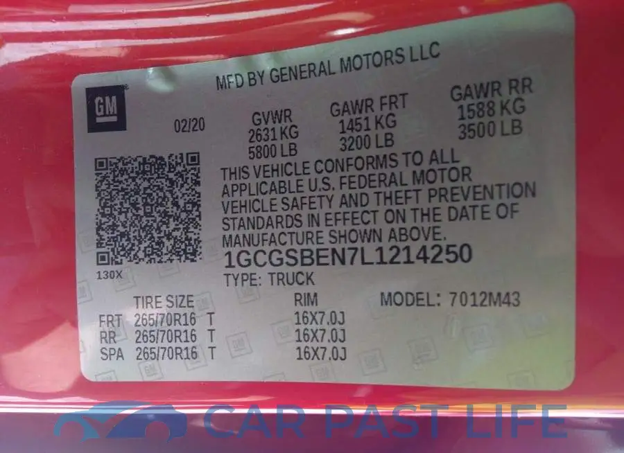 1GCGSBEN7L1214250# 9