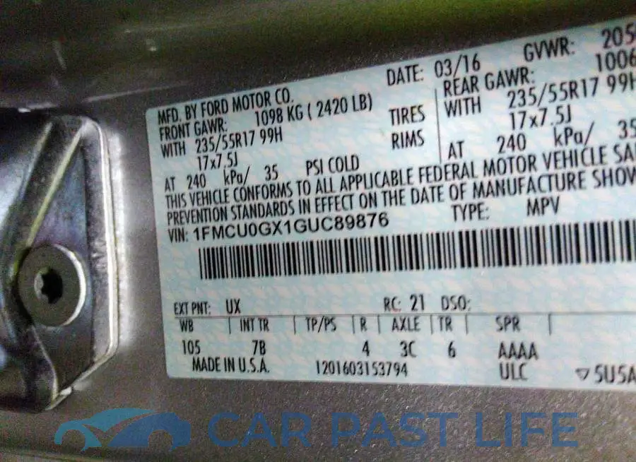 1FMCU0GX1GUC89876# 9