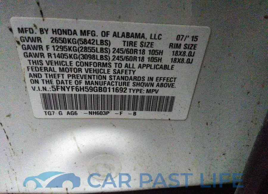 5FNYF6H59GB011692# 9