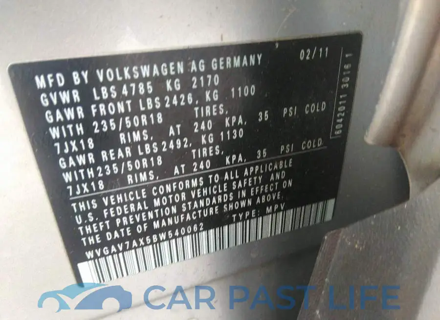 WVGAV7AX5BW540062# 9