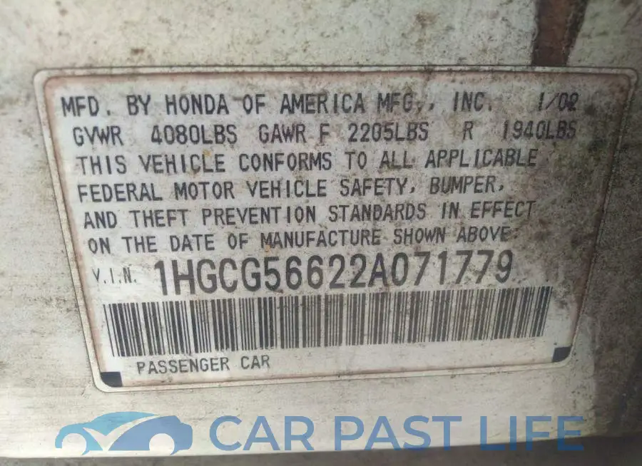 1HGCG56622A071779# 9