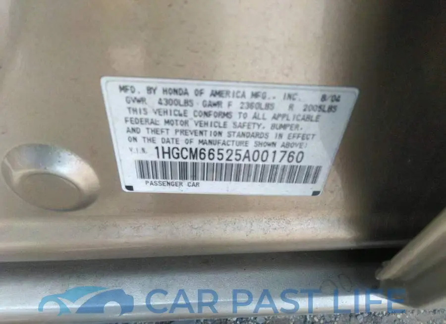 1HGCM66525A001760# 9