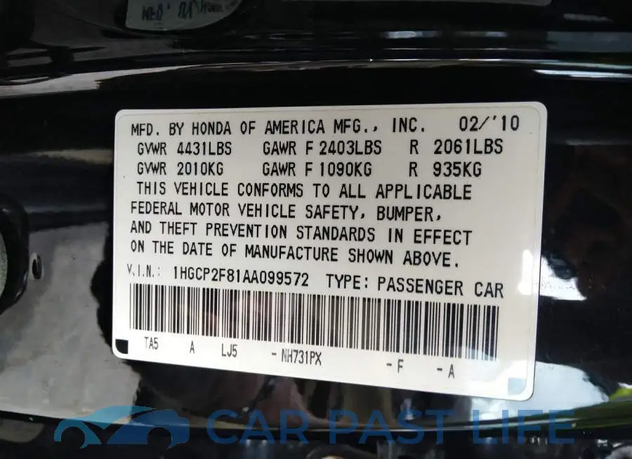 1HGCP2F81AA099572# 9